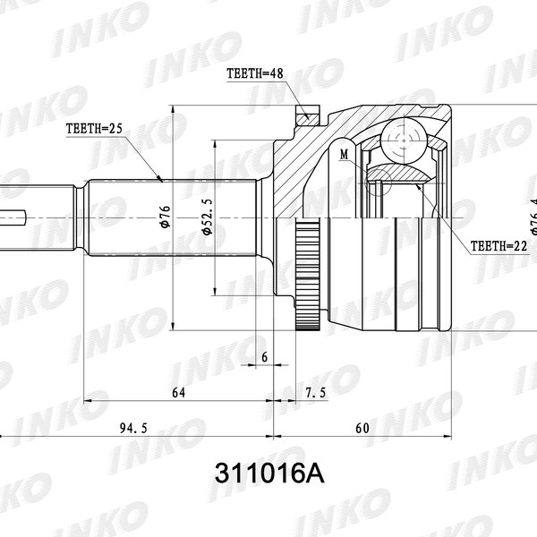 Шрус Hyundai 49500-1R000 Inko 311016A (CO3696A) Solaris 10/11- Kia Rio 11/07- C ABS 22x52 