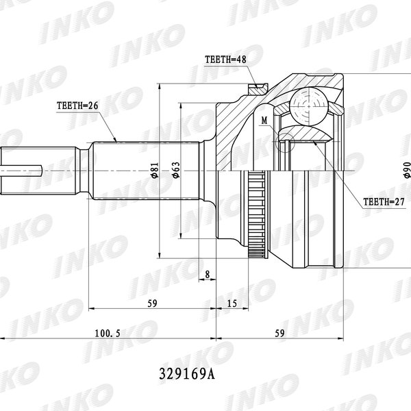 Шрус Toyota 43410-28030 Inko 329169A 1AZ-FSE 2AZ-FE 1MZ-FE NH15 с ABS 27/63.3/26 (CO-7522A.TO-E072A)