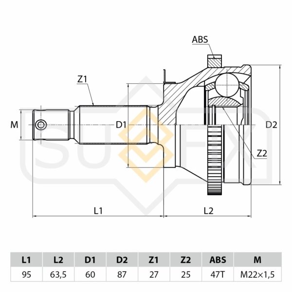 Шрус Hyundai Sonata EF G4JP 2.0L Tagaz Trajet G6BA 2.7L C ABS 25/60/27 Sufix ST-1028 (CO3606A)